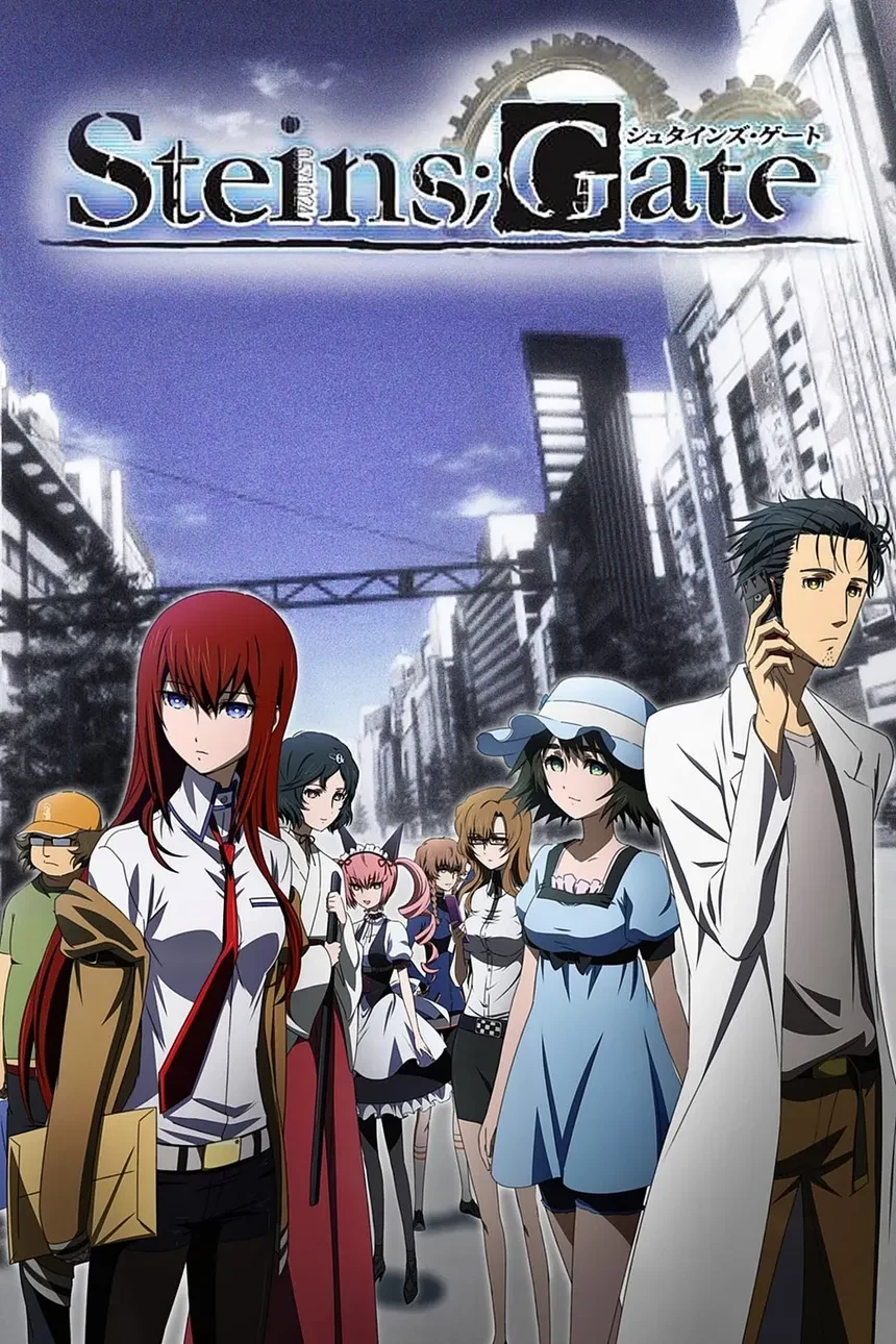 Steins;Gate poster featuring the main cast beneath the series title